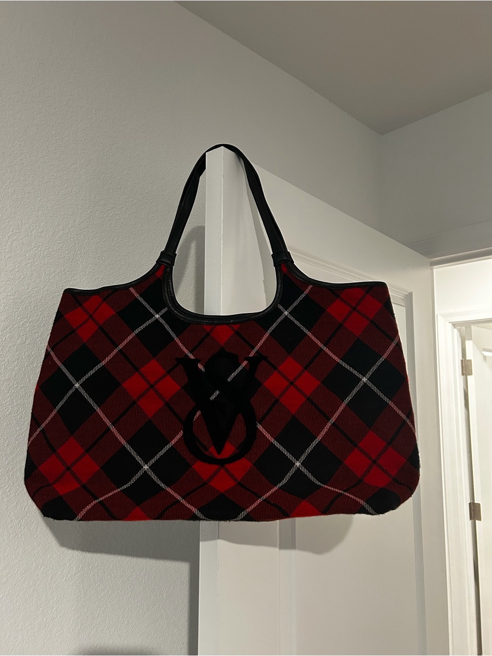 Limited Edition Victoria Secret Red and Black Plaid Tote Bag with Top Handles